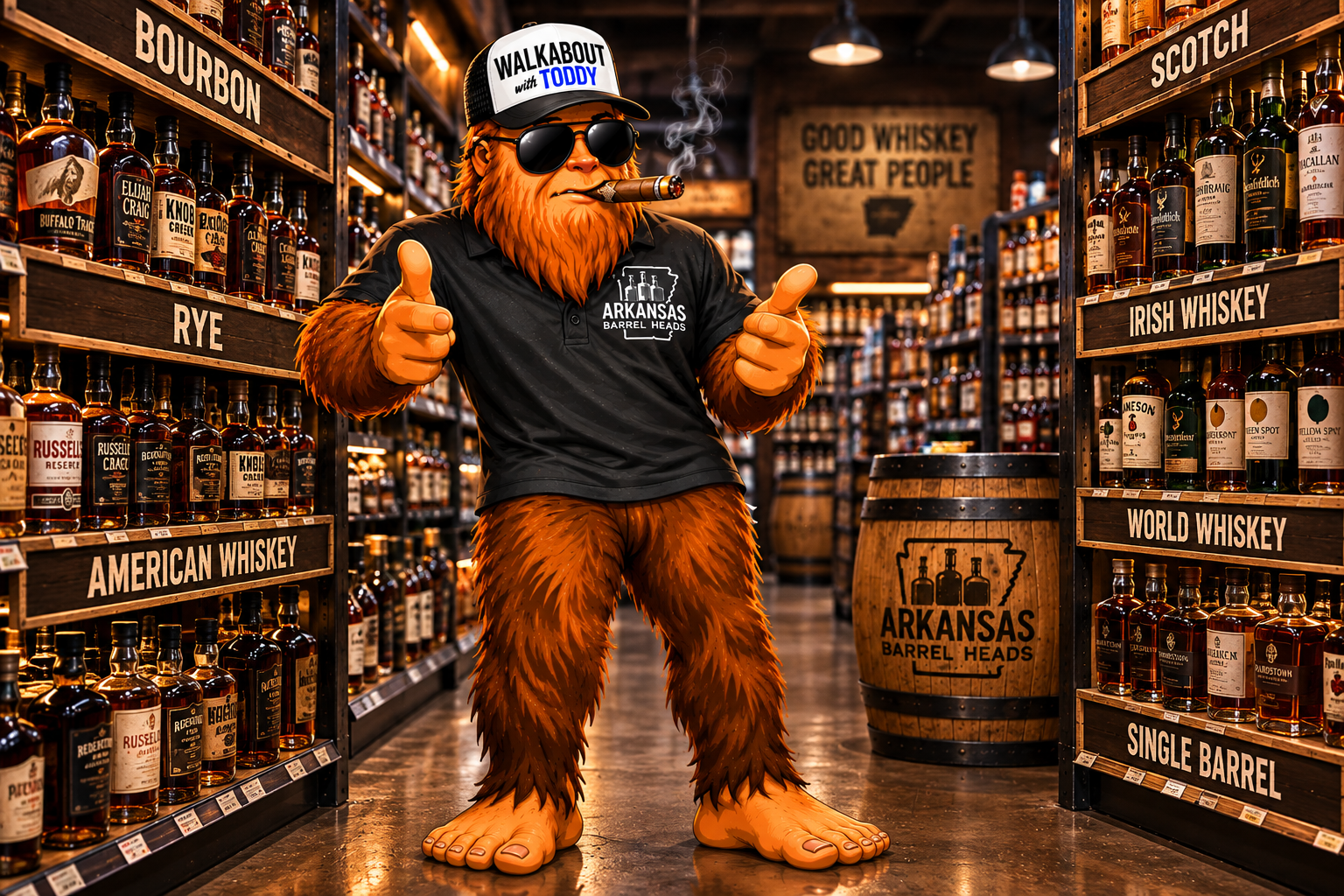 Toddy visiting a whiskey aisle featuring bourbon, rye, Scotch and other whiskeys